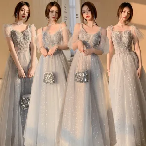 Fashion Grey Bridesmaid Dresses 2021 A Line Princess Square Neckline Beading Sequins Lace Flower Short Sleeve Backless Floor Length Long Wedding Party Dresses