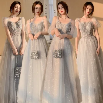 Mode Gris Robe Demoiselle D Honneur 2021 Princesse Encolure Carrée Perlage Paillettes En Dentelle Fleur Manches Courtes Dos Nu Longue Robe Pour Mariage