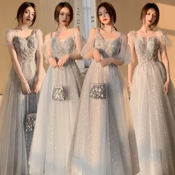 Fashion Grey Bridesmaid Dresses 2021 A Line Princess Square Neckline Beading Sequins Lace Flower Short Sleeve Backless Floor Length Long Wedding Party Dresses