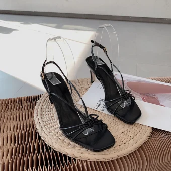 Sexy Black Cocktail Party Womens Sandals 2021 7 Cm Stiletto Heels Open Peep Toe Sandals High Heels