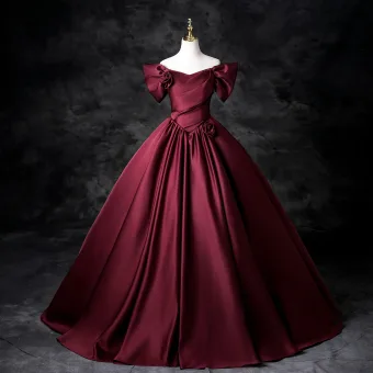 Élégant Bordeaux Robe Boule Robe De Bal 2025 De L Épaule Manches Courtes Dos Nu Longue Promo Robe De Ceremonie