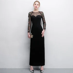 Élégant Noire Robe De Soirée 2018 Trompette Sirène Cristal Encolure Dégagée Transparentes Manches Longues Longueur Cheville Robe De Ceremonie