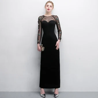 Elegant Black Evening Dresses 2018 Trumpet Mermaid Crystal Scoop Neck See Through Long Sleeve Ankle Length Formal Dresses