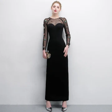 Élégant Noire Robe De Soirée 2018 Trompette Sirène Cristal Encolure Dégagée Transparentes Manches Longues Longueur Cheville Robe De Ceremonie
