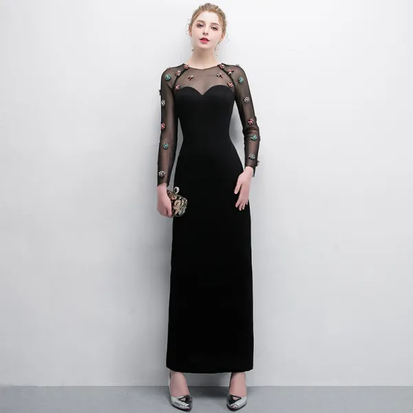 Elegant Black Evening Dresses  2018 Trumpet / Mermaid Crystal Scoop Neck See-through Long Sleeve Ankle Length Formal Dresses