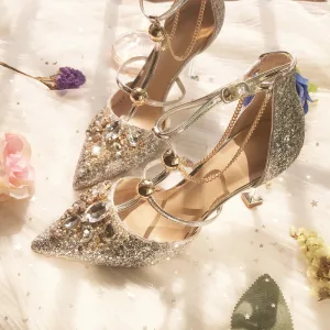 Błyszczące Srebrny Ślub Na Wesele Wysokie Obcasy 2019 T Bar Rhinestone Cekiny 8 Cm Szpilki Szpiczaste Buty Ślubne