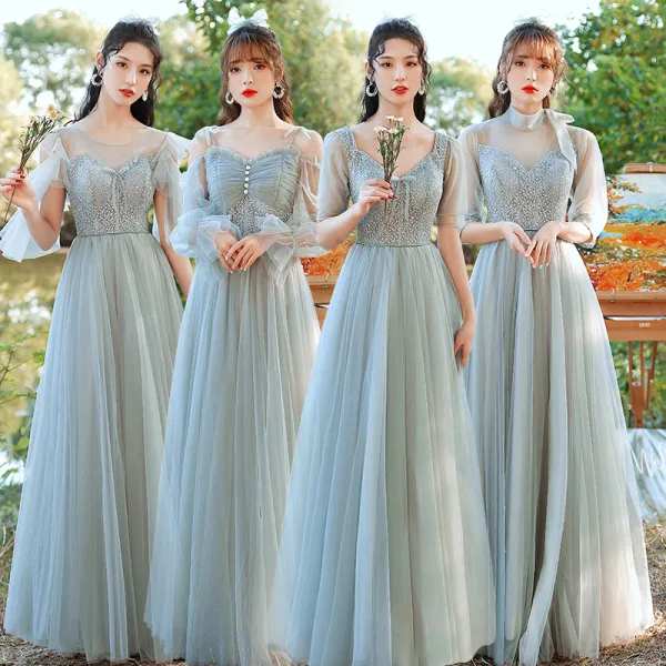 Modest / Simple Sage Green Ruffle Bridesmaid Dresses 2021 A-Line / Princess V-Neck Short Sleeve Backless Floor-Length / Long Wedding Party Dresses