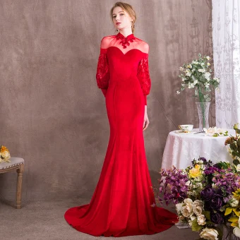Moderne Mode Style Chinois Rouge Robe De Soirée 2018 Trompette Sirène Paillettes Col Haut Manches Longues Train De Balayage Robe De Ceremonie
