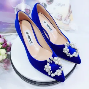 Mooie Prachtige Koninklijk Blauw Bruidsmeisjes Pumps 2020 Suede Rhinestone Parel 9 Cm Naaldhakken Stiletto Spitse Neus Pumps