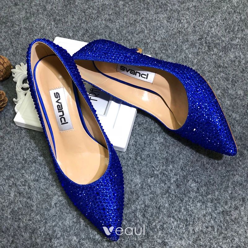 Modern Fashion Royal Blue Evening Party Pumps 2020 Sequins 9 cm Stiletto Heels Pointed Toe Pumps