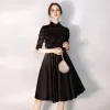 Charming Black Evening Dresses  2020 A-Line / Princess High Neck Sequins 1/2 Sleeves Knee-Length Formal Dresses