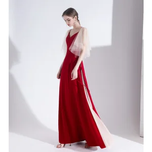 Elegant Burgundy Evening Dresses 2020 A Line Princess Satin V Neck Short Sleeve Backless Floor Length Long Formal Dresses