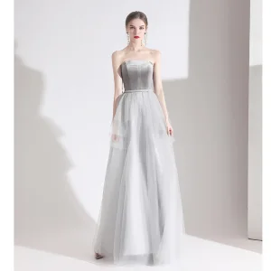 Elegante Grijs Avondjurken 2020 A Lijn Suede Strapless Kralen Mouwloos Ruglooze Lange Gelegenheid Jurken