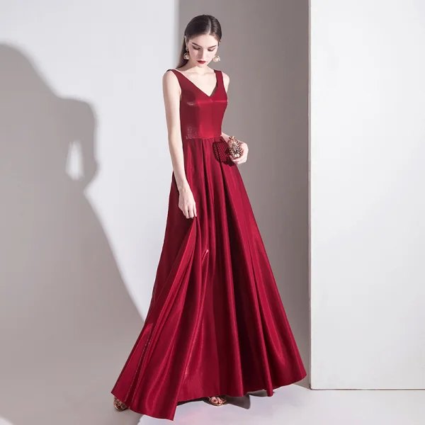 Elegant Burgundy Evening Dresses 2020 A-Line / Princess Satin V-Neck Sleeveless Backless Bow Floor-Length / Elegant Burgundy Evening Dresses 2020 A-Line / Princess Satin V-Neck Sleeveless Backless Bow Floor-Length /
