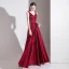 Elegant Burgundy Evening Dresses  2020 A-Line / Princess Satin V-Neck Sleeveless Backless Bow Floor-Length / Long Formal Dresses