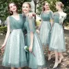 Chic / Beautiful Mint Green Bridesmaid Dresses 2021 A-Line / Princess Scoop Neck Short Sleeve Backless Sash Tea-length Wedding Party Dresses