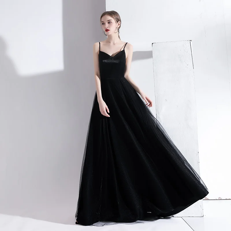 Modest Simple Black Evening Dresses 2020 A Line Princess Spaghetti Straps  Sleeveless Backless Floor Length Long Formal Dresses