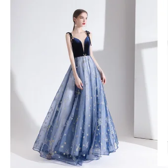 Modern Fashion Ocean Blue Evening Dresses 2020 A Line Princess Spaghetti Straps Lace Flower Sleeveless Backless Floor Length Long Formal Dresses