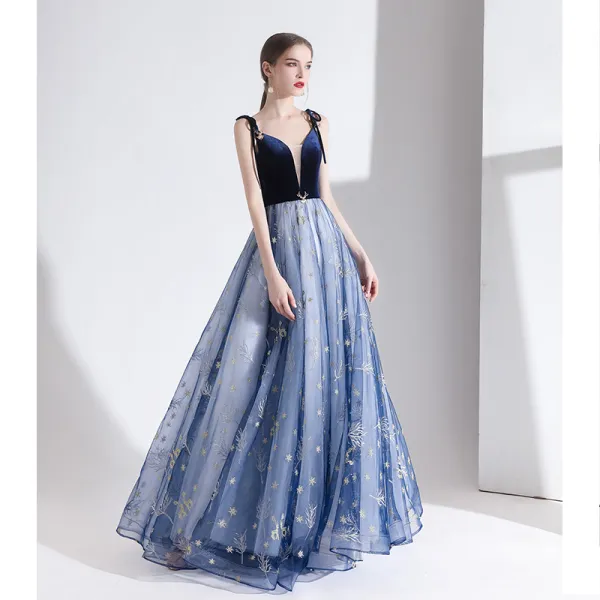 Mode Meeresblau Abendkleider 2020 A Linie Spaghettiträger Spitze Blumen Ärmellos Rückenfreies Lange Festliche Kleider