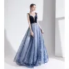 Modern / Fashion Ocean Blue Evening Dresses  2020 A-Line / Princess Spaghetti Straps Lace Flower Sleeveless Backless Floor-Length / Long Formal Dresses