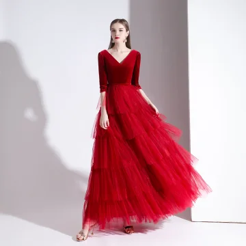 Charmant Rouge Robe De Soirée 2020 Princesse Daim V Cou 1 2 Manches Dos Nu Longue Robe De Ceremonie