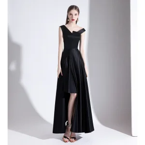 Amazing Unique Black Evening Dresses 2020 A Line Princess V Neck Sleeveless Backless Asymmetrical Formal Dresses