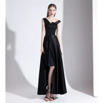Unique Noire Robe De Soirée 2020 Princesse V Cou Sans Manches Dos Nu Asymétrique Robe De Ceremonie