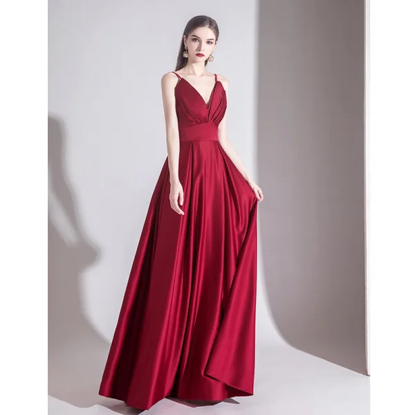 Elegant Solid Color Burgundy Evening Dresses 2020 A-Line / Princess Spaghetti Straps Sleeveless Backless Floor-Length / Long Formal Dresses Elegant Solid Color Burgundy Evening Dresses 2020 A-Line / Princess Spaghetti Straps Sleeveless Backless Floor-Length / Long Formal Dresses