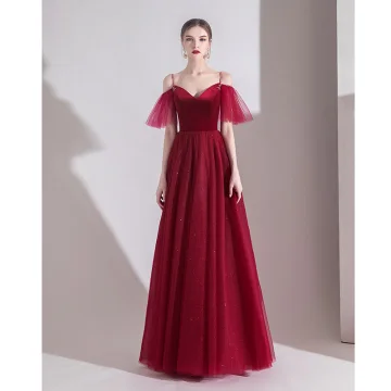Enkla Enfärgad Burgundy Aftonklänningar 2020 Prinsessa Spaghettiband Mocka Korta Ärm Halterneck Långa Formella Klänningar