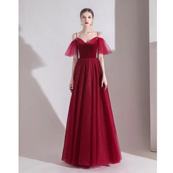 Modest / Simple Solid Color Burgundy Evening Dresses  2020 A-Line / Princess Spaghetti Straps Suede Short Sleeve Backless Floor-Length / Long Formal Dresses