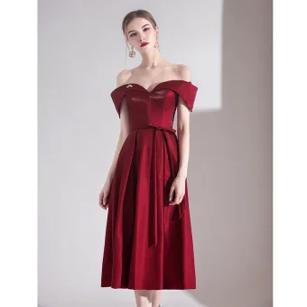 Chic Belle Bordeaux De Retour Robe De Graduation 2020 Princesse De L 039 Épaule Noeud Manches Courtes Dos Nu Thé Longueur Robe De Ceremonie