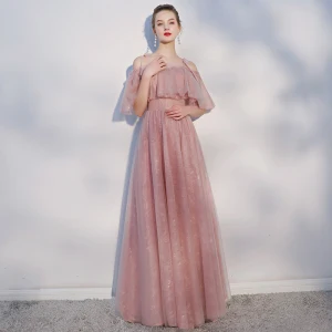 Chic Beautiful Casual Pearl Pink Evening Dresses 2018 A Line Princess Spaghetti Straps Backless Short Sleeve Floor Length Long Formal Dresses