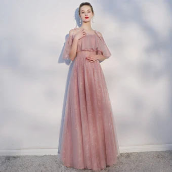 Chic Beautiful Casual Pearl Pink Evening Dresses 2018 A Line Princess Spaghetti Straps Backless Short Sleeve Floor Length Long Formal Dresses