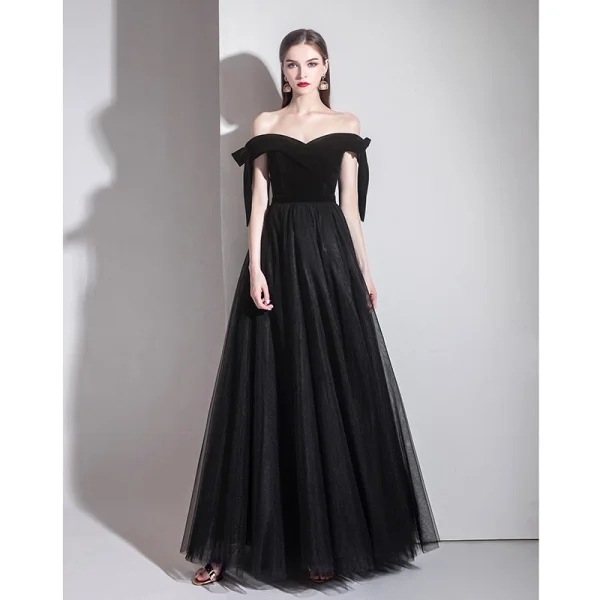 Classy Solid Color Black Evening Dresses 2020 A-Line / Princess  Off-The-Shoulder Suede Sleeveless Backless