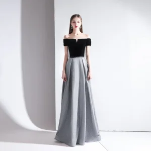 Classy Grey Evening Dresses 2020 A Line Princess Off The Shoulder Suede Short Sleeve Backless Floor Length Long Formal Dresses