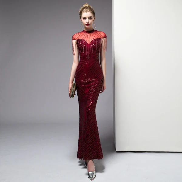 Classy Burgundy Evening Dresses 2020 Trumpet / Mermaid Beading Tassel Sequins High Neck Short Sleeve Floor-Length / Long Formal Dresses Classy Burgundy Evening Dresses 2020 Trumpet / Mermaid Beading Tassel Sequins High Neck Short Sleeve Floor-Length / Long Formal Dresses