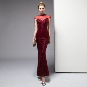 Chic Bordeaux Robe De Soirée 2020 Trompette Sirène Perlage Gland Paillettes Col Haut Manches Courtes Longue Robe De Ceremonie