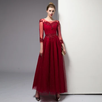 Classy Burgundy Evening Dresses 2020 A Line Princess Scoop Neck Beading Crystal Sequins 3 4 Sleeve Ankle Length Formal Dresses