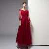 Classy Burgundy Evening Dresses  2020 A-Line / Princess Scoop Neck Beading Crystal Sequins 3/4 Sleeve Ankle Length Formal Dresses