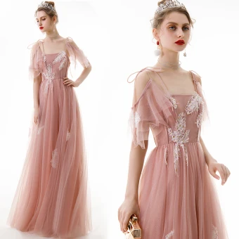 Chic Belle Perle Rose Robe De Soirée 2020 Princesse Bretelles Spaghetti Appliques Paillettes En Dentelle Manches Courtes Dos Nu Longue Robe De Ceremonie