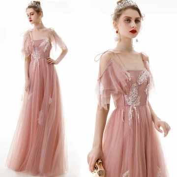 Chic Beautiful Pearl Pink Evening Dresses 2020 A Line Princess Spaghetti Straps Appliques Sequins Lace Short Sleeve Backless Floor Length Long Formal Dresses