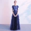 Elegant Ocean Blue Evening Dresses  2020 A-Line / Princess Scoop Neck Short Sleeve Floor-Length / Long Formal Dresses