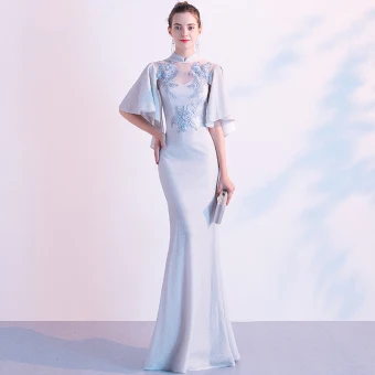 Elegant Silver Evening Dresses 2020 Trumpet Mermaid High Neck Lace Flower Pearl Appliques 1 2 Sleeves Floor Length Long Formal Dresses