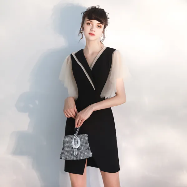 Moda Czarne Strona Sukienka 2020 V-Szyja Kótkie Rękawy Krótkie Sukienki Wizytowe