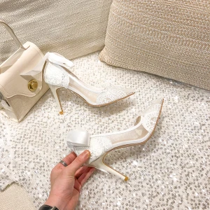 Chic Belle Ivoire Transparentes Chaussure De Mariée 2021 Noeud En Dentelle Fleur 9 Cm Talons Aiguilles À Bout Pointu Mariage Escarpins Talons Hauts