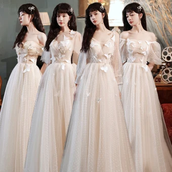 Modest Simple Champagne Bridesmaid Dresses 2021 A Line Princess Scoop Neck Butterfly Lace Flower Short Sleeve Backless Floor Length Long Wedding Party Dresses