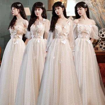 Simple Champagne Robe Demoiselle D Honneur 2021 Princesse Encolure Dégagée Papillon En Dentelle Fleur Manches Courtes Dos Nu Longue Robe Pour Mariage