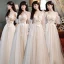 Modest / Simple Champagne Bridesmaid Dresses 2021 A-Line / Princess Scoop Neck Butterfly Lace Flower Short Sleeve Backless Floor-Length / Long Wedding Party Dresses