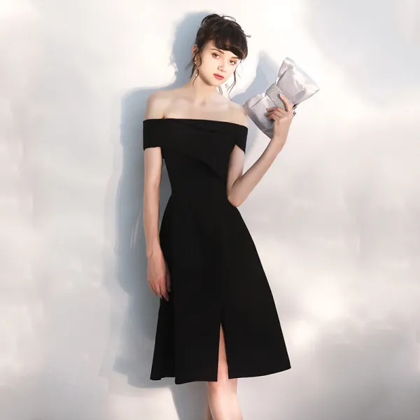 Modern / Fashion Black Party Dresses 2020 A-Line / Princess Off-The-Shoulder Short Sleeve Backless Knee-Length Formal Dresses
