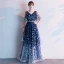 Fashion Navy Blue Evening Dresses  2020 A-Line / Princess V-Neck Feather Printing Short Sleeve Backless Floor-Length / Long Formal Dresses